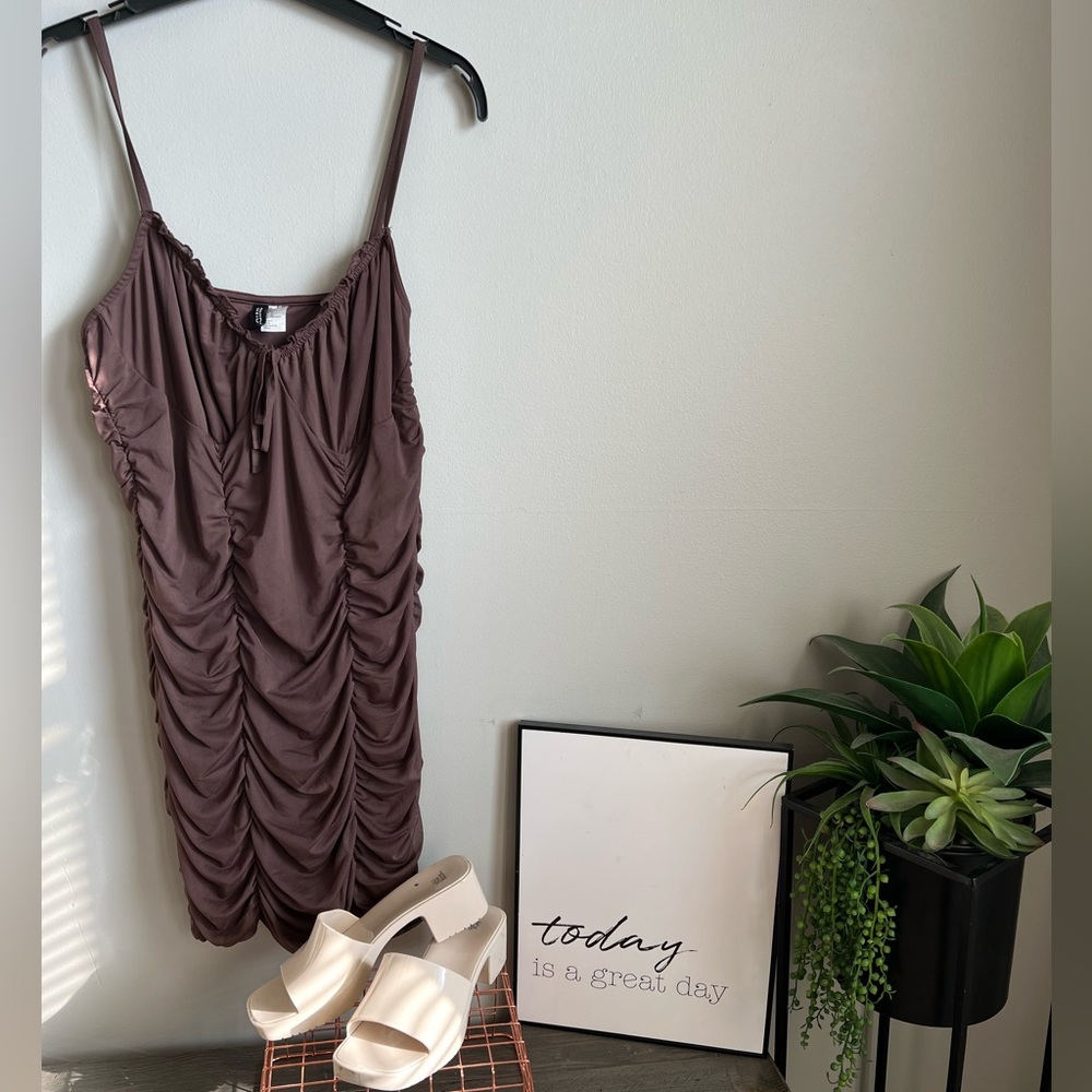 Rouched Mini Dress in Mesh-Brown